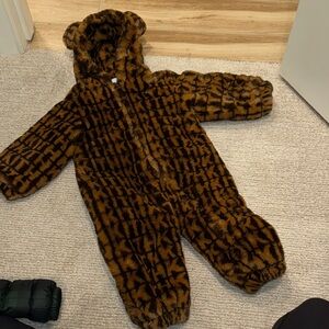 Kith Brown and Dark Brown Faux Fur Hooded Infant Coverall with Ears